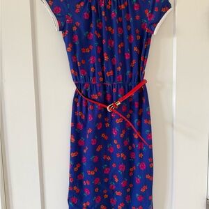 Vintage Floral Blue Dress with Red Belt
